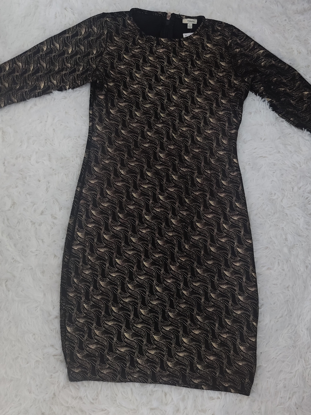Haani Black Dress with Gold Wave Pattern - Long Sleeve (New With tag)